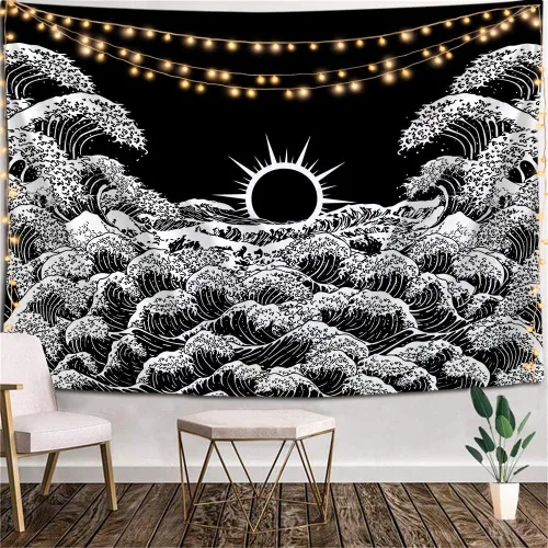 Vista 19 de Neapth Tapiz de sol para decoración de dormitorio y dormitorio, arte de pared blanco y negro, sol y luna, 59 x 59 pulgadas 1 Montaña del Sol