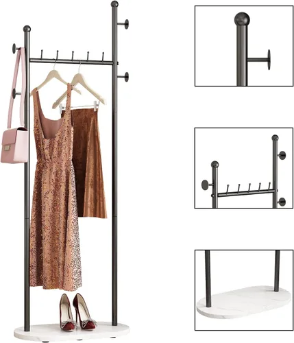 Vista 3 de DR.IRON Percheros de ropa negros con base de mármol, percheros modernos independientes negros con estantes para dormitorio, percheros resistentes