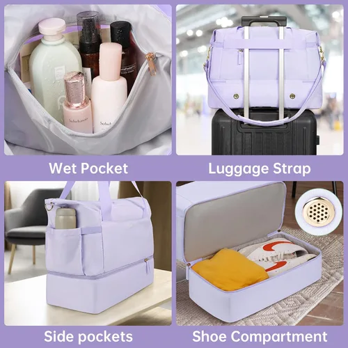 Vista 5 de Bolsa de viaje para mujer y hombre, púrpura, (E-Purple), Bolsa de fin de semana con puerto de carga USB