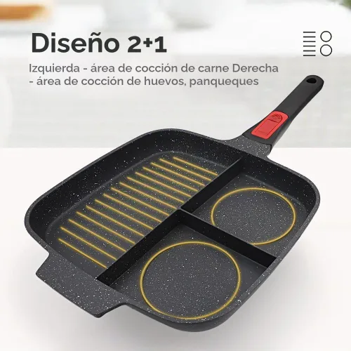 Vista 2 de Sartén Parrilla 3 en 1 para Estufas con Mango Desmontable, Plancha Versátil Antiadherente Dividida, Sartén Cuadrada Libre de PFOA, Negro