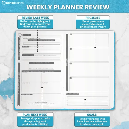 Vista 3 de Panda Planner - Agenda diaria sin fecha, organización de 90 días, productividad y felicidad basada en fortalezas VIA, establece objetivos, agenda