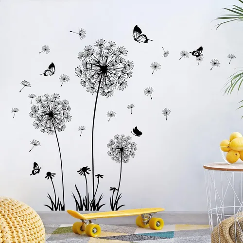 Vista 4 de Calcomanías de pared de diente de león, removibles, calcomanías de pared de flores para despegar y pegar, murales de mariposas florales, decoración