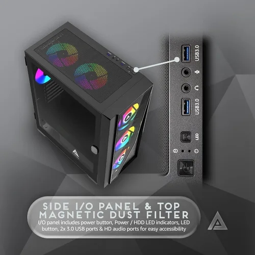 Vista 4 de Apevia Aurora-BK ATX Mid Tower - Carcasa para PC con 6 ventiladores PWM ARGB de 4.724 in 366 RGB Light Modes, 1x Glass/Mesh Front Panel, 1x Swivel