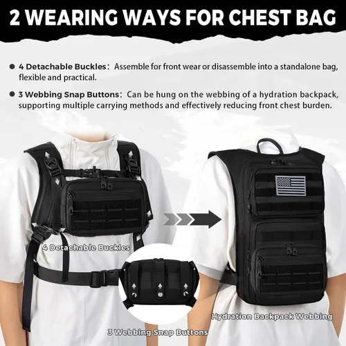 Vista 5 de Koculemi Mochila táctica de hidratación con bolsa de agua de 2L y bolsa táctica pequeña delantera, mochila de agua para exteriores para hombres