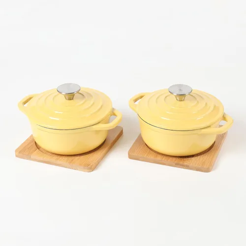 Vista 9 de HAWOK Mini horno holandés de hierro fundido, diámetro 5.51 pulgadas, 23 onzas, con bandeja de bambú, juego de 2, pre-sazonado