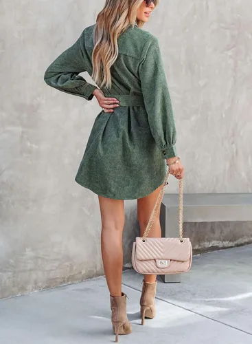 Vista 6 de Womens Corduroy Dress Shacket Jacket Shirts Lapel Long Sleeve Belted Casual Fall Winter Button Down Dress Pocket