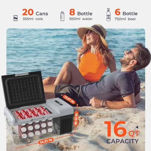 Vista 7 de EKOJUCE Refrigerador portátil de 12 voltios, refrigerador eléctrico de 16 cuartos (15 litros) - 4℉-68℉, 12/24V DC y 100-240V AC Refrigerador