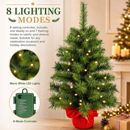 Vista 7 de Mini árbol de Navidad artificial preiluminado de 2 pies Árbol de mesa preiluminado de 2 pies, base de bolsa de tela pequeña con 50 luces, funciona