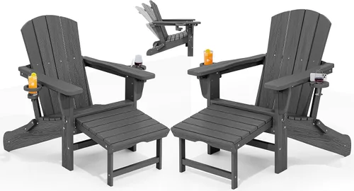 Vista 23 de KINGYES Silla Adirondack plegable ajustable con otomana y 2 portavasos, silla reclinable Adirondack HDPE con reposapiés, Aruba