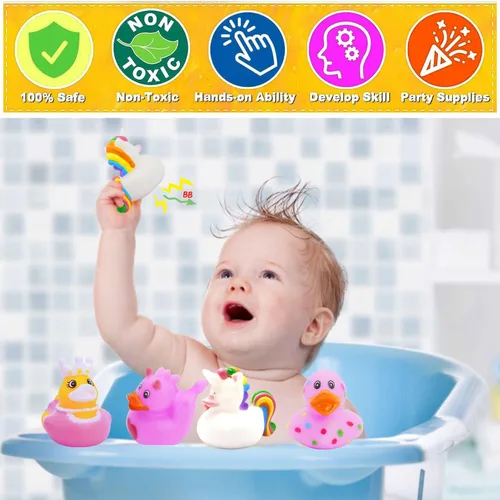 Vista 4 de Patos de goma para niñas, paquete de 12 patos de goma rosa a granel, patos para patos de unicornio, juguetes de baño para bebés, regalos de fiesta