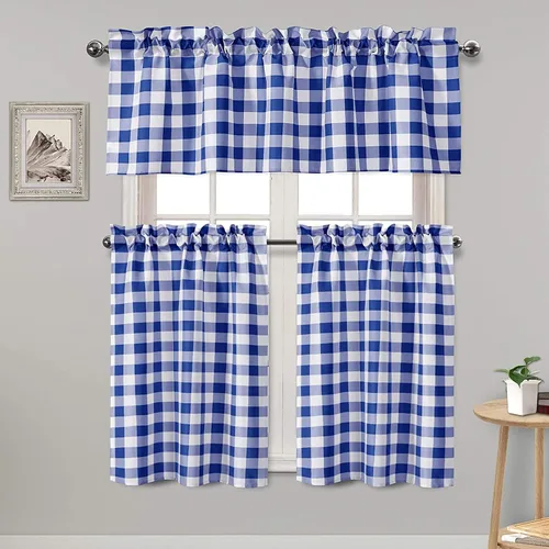 Vista 19 de Hiasan - Juego de cortinas semitraslúcidas a cuadros con cenefa y paneles de cocina, filtro de luz Buffalo a cuadros, color aguamarina y blanco