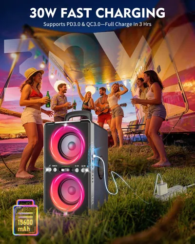 Vista 8 de YIER Altavoz Bluetooth, altavoz de fiesta de pico de 240 W con graves grandes, tiempo de reproducción de 20 horas, TWS, BT5.3, caja de auge