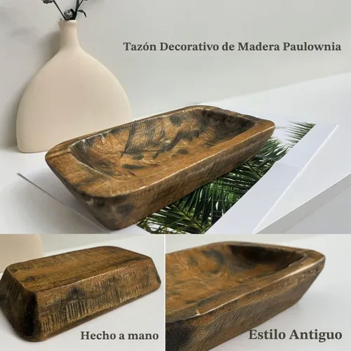 Vista 3 de Cuencos de masa de madera decorativos, cuencos largos rústicos para decoración de pan, bandeja de madera, tallados a mano para decoración de centro