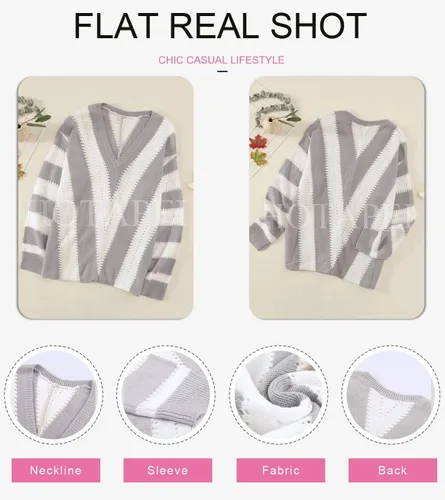 Vista 5 de EVALESS Suéteres para mujer, manga sexy, cuello en V profundo, casual, tejido a rayas