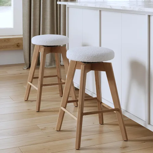 Vista 25 de Nathan James Barker Taburete de bar de altura de mostrador de madera maciza con cojín tapizado, taburete de isla sin respaldo con patas de madera