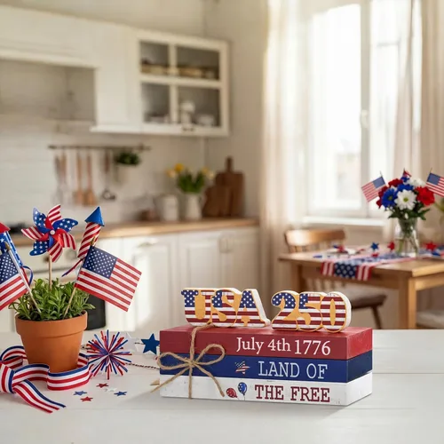 Vista 3 de Smile 4 de julio 250th Anniversary - Bloque de madera con decoración de Estados Unidos, 5 piezas "Land of the Free", bandeja patriótica escalonada