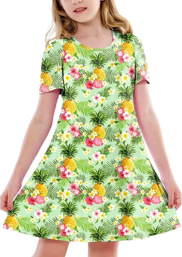 Vista 15 de Deerose Kids Summer Short Sleeve Dresses Hawaiian Tshirt Sundress 3-14 Years Coconut trees