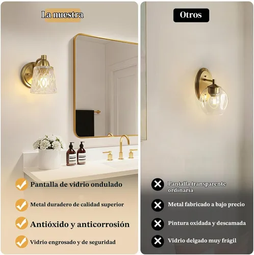 Vista 6 de Mecgirn Lámpara de tocador de baño de acero inoxidable sobre el espejo, 1 lámpara de baño dorada cepillada con pantallas de vidrio texturizado Oro