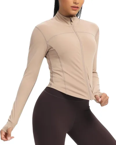 Vista 2 de colorskin Chaquetas de entrenamiento ligeras con cremallera para mujer, para yoga, correr, gimnasio, pista, atlética, con agujeros para el pulgar