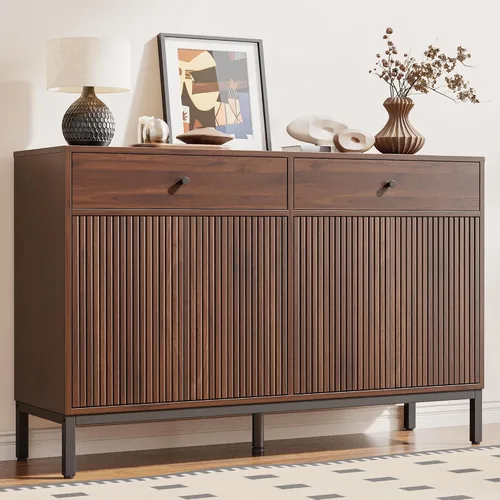 Vista 24 de Mericonia Aparador Buffet Gabinete Almacenamiento, Consola de madera moderna acanalada Credenza