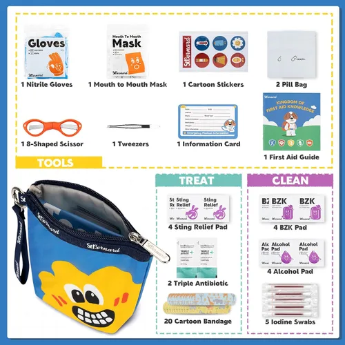Vista 2 de StBernard Kit de Primeros Auxilios para Niños, Mini Kit Médico Portátil EDC con Lindos Vendajes, Triple Antibiótico para las Pequeñas Heridas