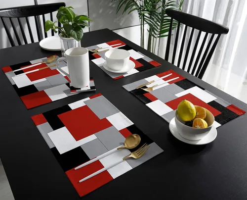 Vista 3 de Juego de 4 manteles individuales de color rojo, negro y gris, manteles individuales con aislamiento térmico antideslizantes, lavables, manteles