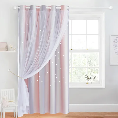 Vista 24 de NICETOWN Cortinas para Dormitorio de Niñas Infantiles con Estrellas Caladas Ventana 2 Capas Cortina 63 Pulgadas de Longitud Oscurecimiento