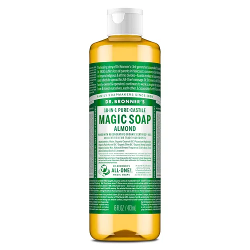 Vista 10 de Dr. Bronner's - Jabón líquido de Castilla puro (almendra, 8 onzas) - Hecho con aceites orgánicos, 18 usos en 1: Cara, cuerpo, cabello, ropa