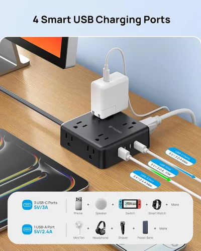 Vista 3 de TROND Regleta protectora de sobretensiones, cable de extensión de enchufe plano de 5 pies con 8 tomas de corriente y 4 puertos USB (3 USB C), 1625