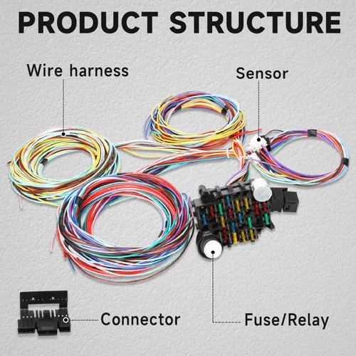 Vista 2 de Kit de arnés de cableado de 21 circuitos y 17 fusibles, arnés de cable universal extra largo para automóviles compatible con GM Chevy Mopar Hotrods