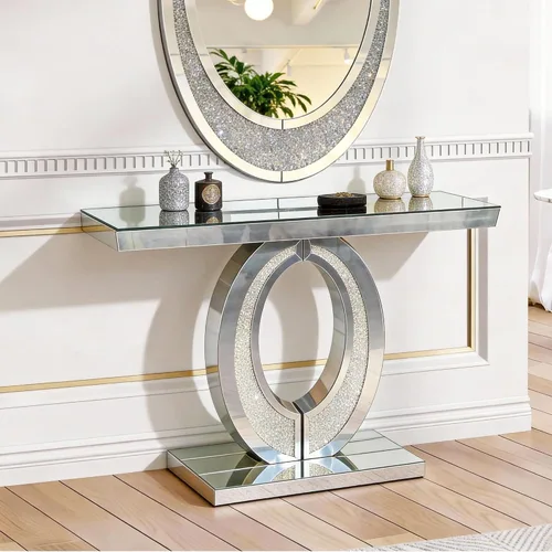 Vista 16 de Mesa Consola Negra con Espejo, Mesa de Sofá de Cristal Rectangular de 48 pulgadas con Elementos Tallados Vintage con Espejo, Muebles de Espejo