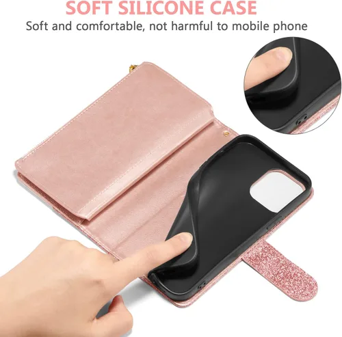 Vista 6 de UEEBAI Funda tipo cartera para iPhone 13 Pro Max, funda de piel sintética con cierre magnético, bolsillo con cremallera, ranuras para tarjetas