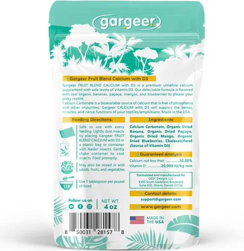 Vista 2 de Gargeer 4 onzas de calcio reptil con vitamina D3, sin fósforo, polvo ultrafino. Polvo puro, mezcla de frutas reales saborizadas, suplemento listo