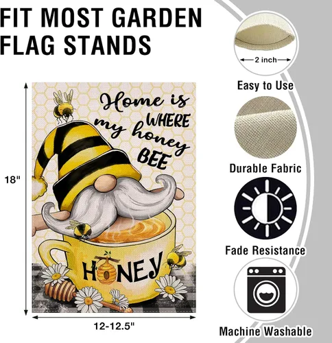 Vista 2 de Artofy Home is Where My Honey Bumble Bee Gnomo - Bandera decorativa para jardín, decoración exterior de primavera y verano, decoración exterior