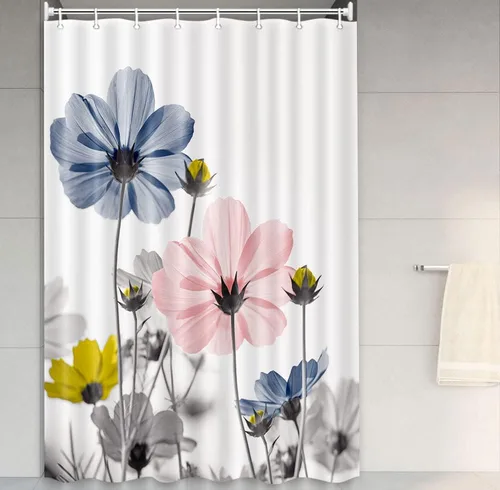 Vista 23 de MERCHR Cortina única floral azul para decoración de baño, cortina de ducha estilo granja con flores de margarita azul y gris elegantes y diseño