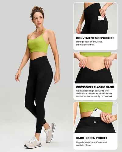Vista 5 de QUEENIEKE Leggings cruzados para mujer, cintura alta, suaves, con control de abdomen, pantalones de yoga con bolsillos