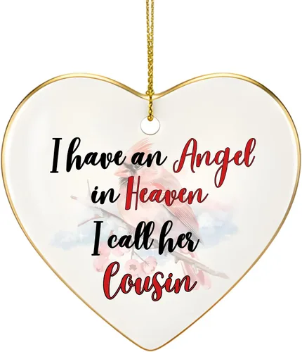 Vista 2 de Adorno de Navidad conmemorativo personalizado 2025 – Recuerdo de cerámica en forma de corazón – Tengo un ángel en el cielo I Call Her Primo – Regalo
