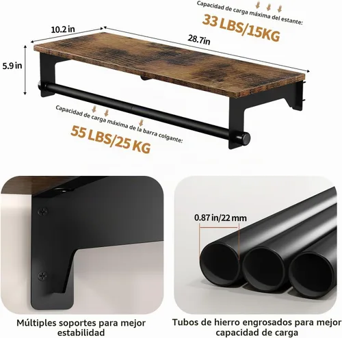 Vista 2 de Luxspire Perchero de montaje en pared de 28.7 pulgadas con estante superior