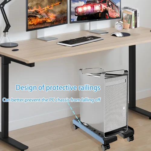 Vista 7 de Soporte de CPU móvil ajustable, Soporte de torre de computadora ventilado con 4 ruedas con rodamientos se adapta a la mayoría de torres de PC
