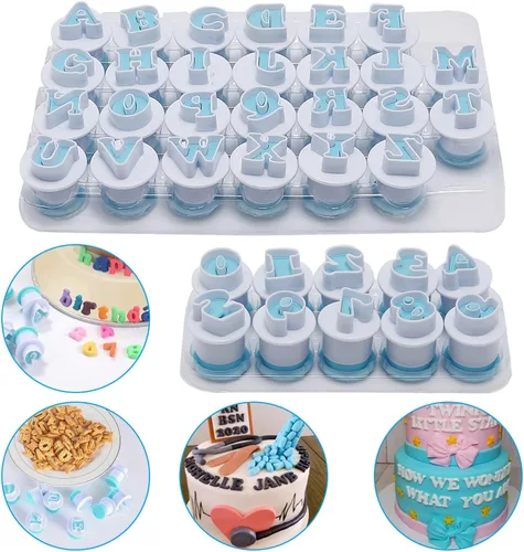 Vista 4 de Juego de 26 piezas de sellos para galletas con impresión, cortadores de galletas con letras del alfabeto, molde para galletas y bizcochos
