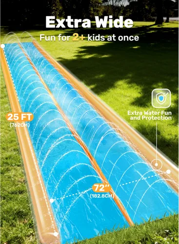 Vista 2 de Sloosh Tobogán acuático de doble carril, tobogán de agua resistente de 25 x 6 pies con aspersor y 2 tablas inflables para adultos y niños, fiesta