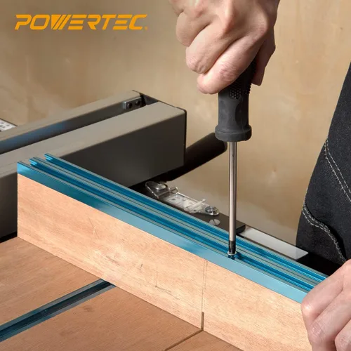 Vista 5 de POWERTEC 71697 Kit de riel doble T de 36 pulgadas para carpintería, cinta métrica adhesiva de derecha a izquierda e inserción de plástico de riel T