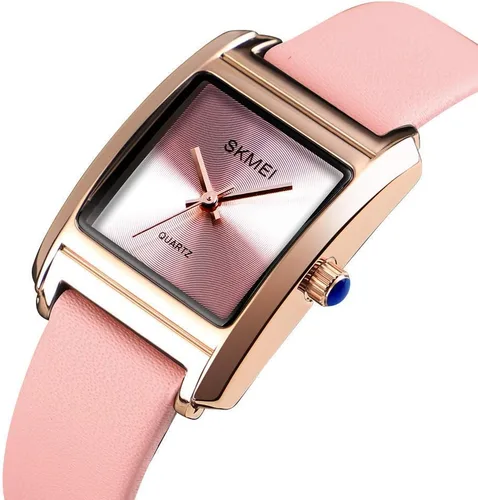 Vista 2 de Reloj de vestir para mujer, de negocios, casual, cuadrado, con correa de cuero roja, Rojo