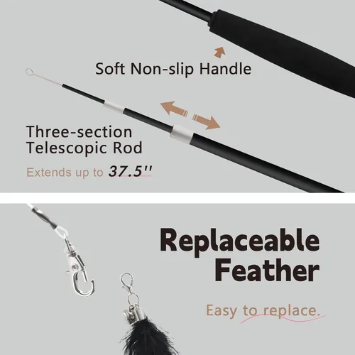 Vista 5 de SONGWAY Juguetes de varita para gatos de interior, juego de juguetes para gatos con varita retráctil y 6 recambios de juguetes de plumas, juguetes