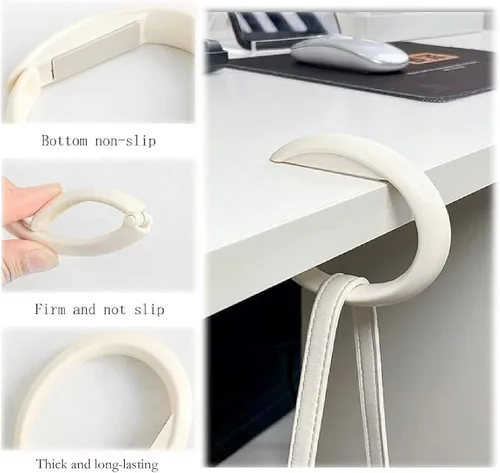 Vista 5 de Percha portátil para bolsos, gancho plegable portátil para mesa, soporte antideslizante sin perforaciones, colgador de mesa para oficina, lugares