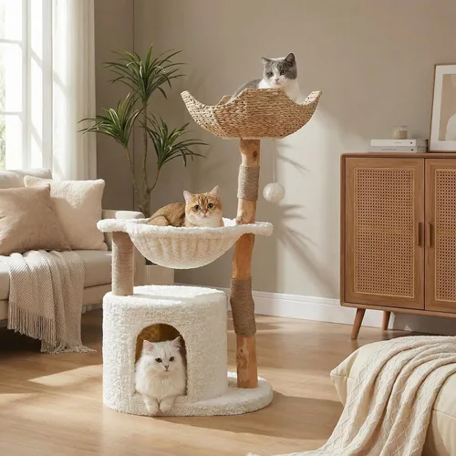 Vista 12 de MUTTROS Árbol de gato de madera con flores, torre de gato moderna con ramas de madera real, muebles de lujo boho con poste para rascar y 2 perchas
