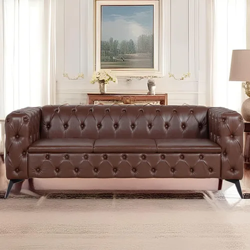 Vista 11 de Sofás negros para sala de estar, moderno sofá Chesterfield copetudo, asiento profundo, cómodo sofá de piel sintética, brazos enrollados plisados