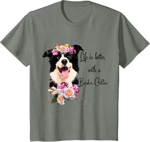 Vista 94 de Life is Better With a Border Collie - Camiseta de perro lindo con flores, gris, S Gris Oscuro