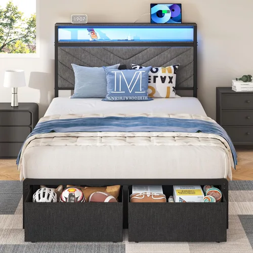 Vista 9 de HISOFT Twin Bed Frame with Charging Station, LED Lights & 2 Storage Drawers, Black Platform Bed with Upholstered Headboard, Under-Bed Storage, No