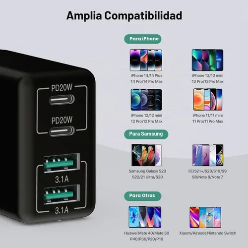 Vista 3 de Cargador de pared USB C, bloque cargador USB C de 4 puertos de 40W, bloque de carga rápida puerto dual PD+QC enchufe de pared multipuerto tipo C